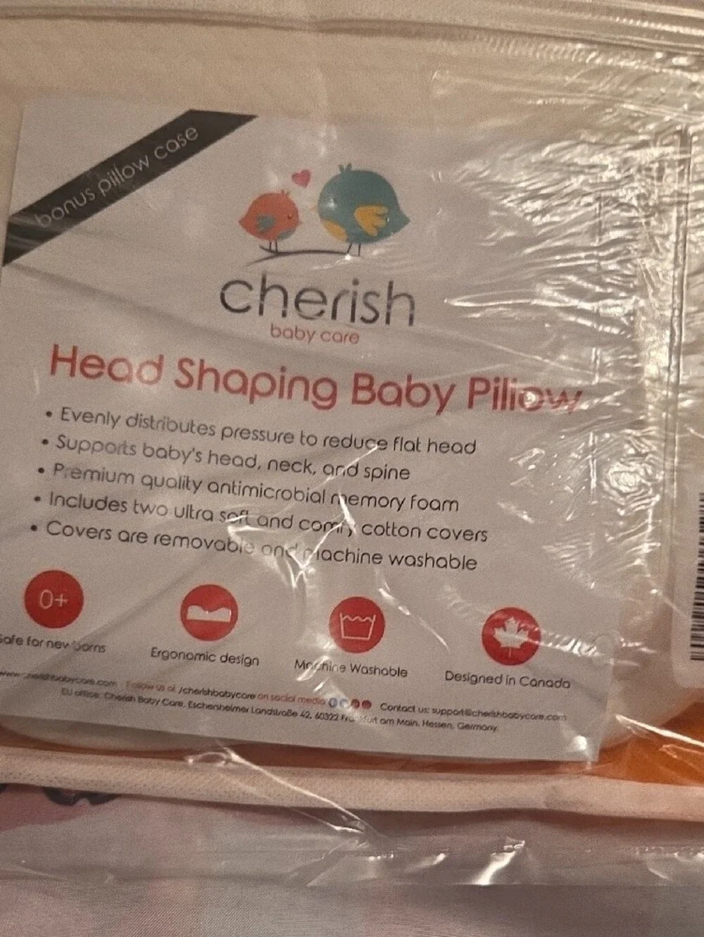 Cherish Baby Pillow with Orange and White Accents